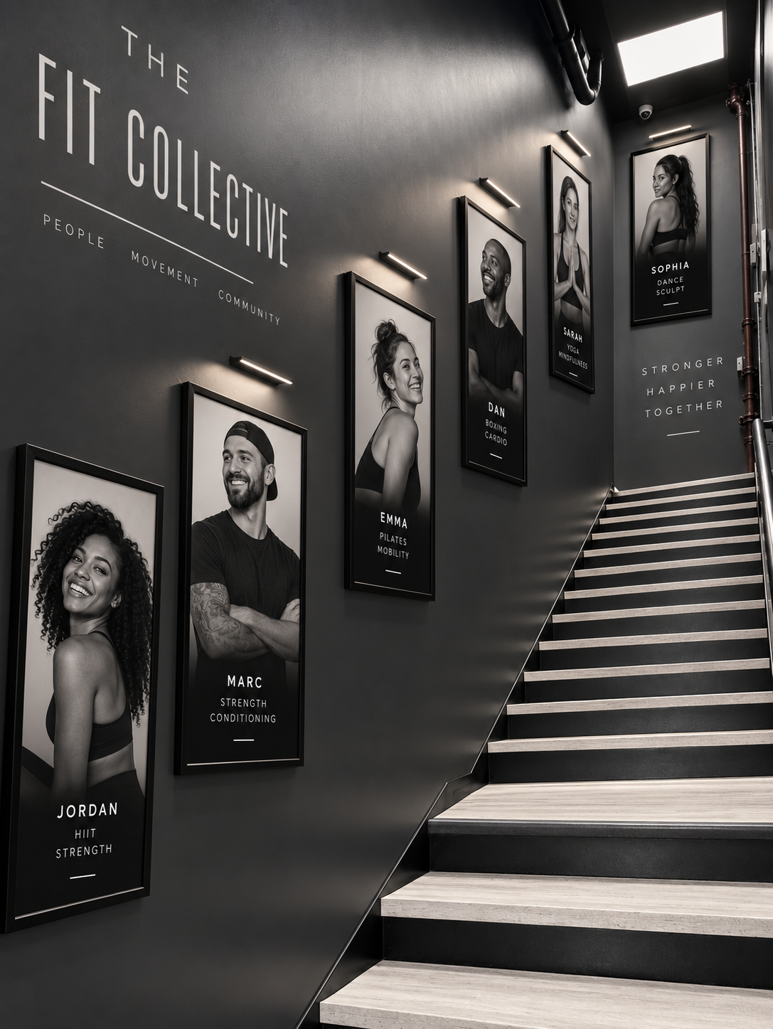 The Fit Collective stairwell with resident instructor portraits